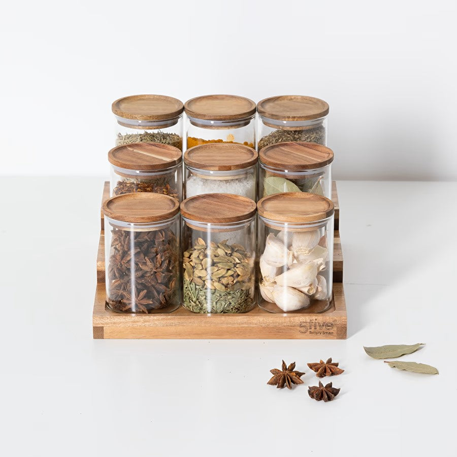 5Five Kruidenrek Harmony bamboe met glas - 9 Acaciapotjes - 160ml - Transparant