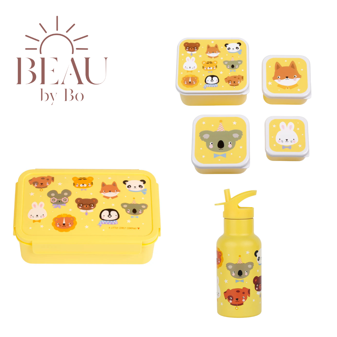Bundel A Little Lovely Company Back to school set - Drinkfles RVS/4 Snackdozen/Bentobox - Dierenvriendjes