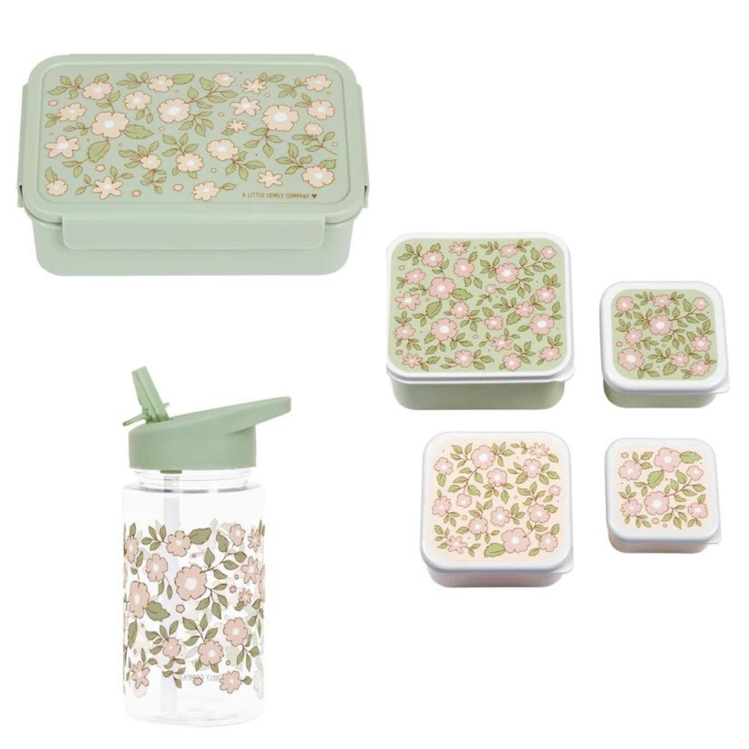 Beau par bo une petite compagnie de retour à l'école de retour à l'école - bouteille de boisson / 4 boîtes de collations / Bentobox - fleur Saliegroen