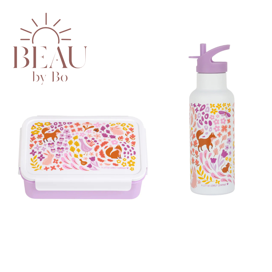 Bundel A Little Lovely Company Back to school set - Drinkfles XL RVS/Bentobox - Bloementuin