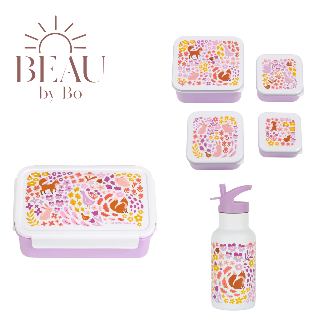 Bundel A Little Lovely Company Back to school set - Drinkfles RVS/4 Snackdozen/Bentobox - Bloementuin