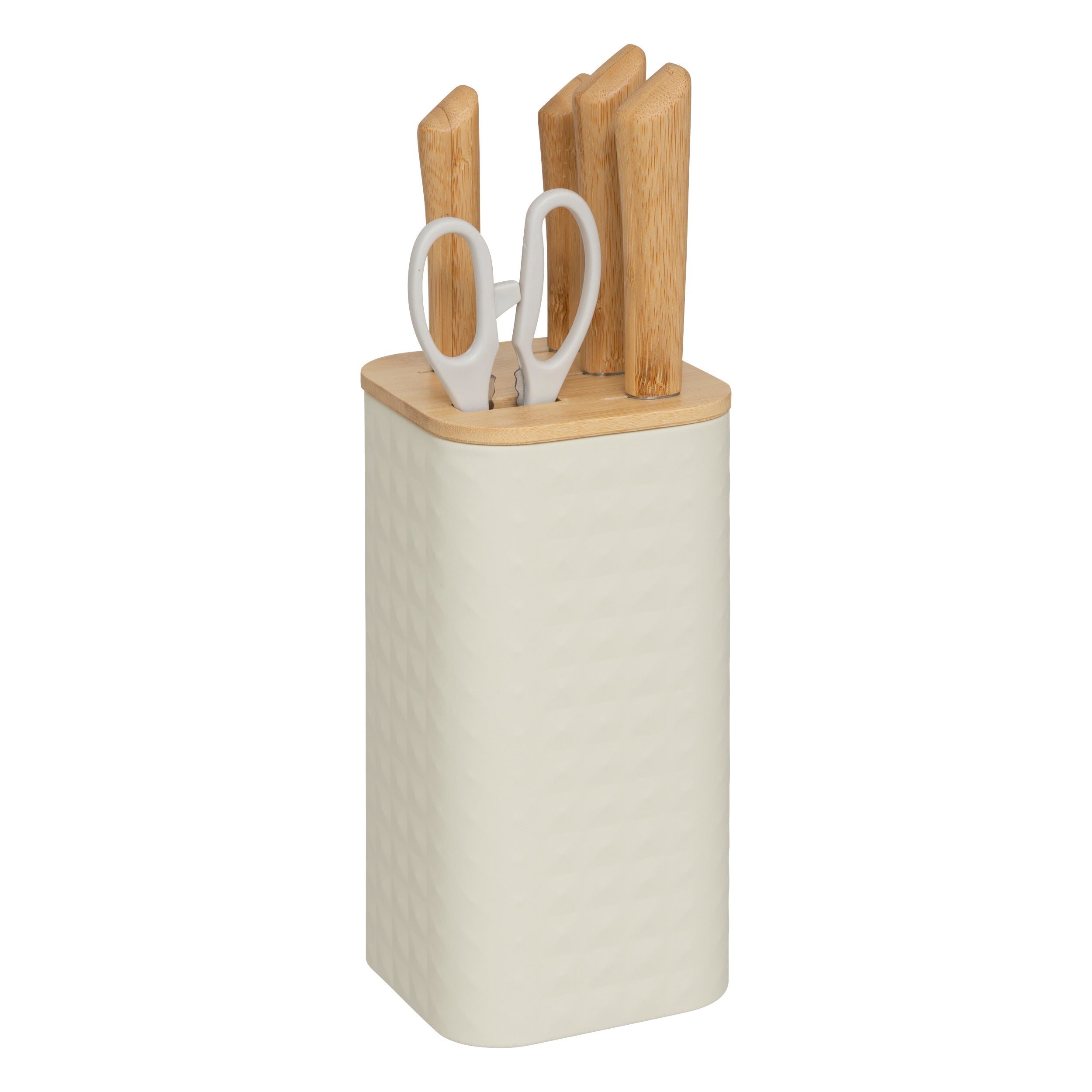5Five Sensia Messenblok met 4 messen en schaar - 12x12x36cm - Beige