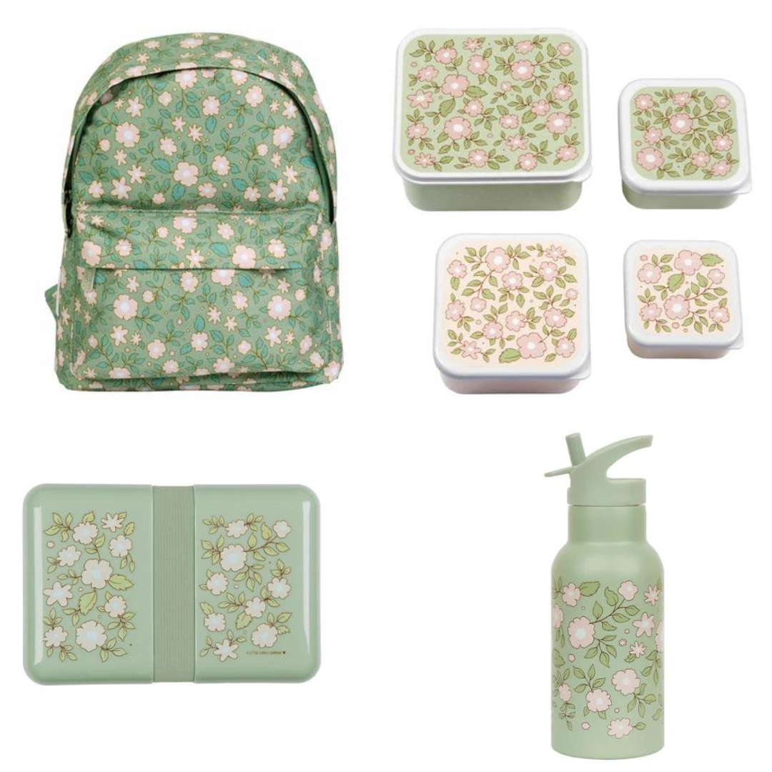 Bundel A Little Lovely Company Back to school set - Rugzak/Drinkfles RVS/4 Snackdozen/Lunchbox - Bloesems Saliegroen
