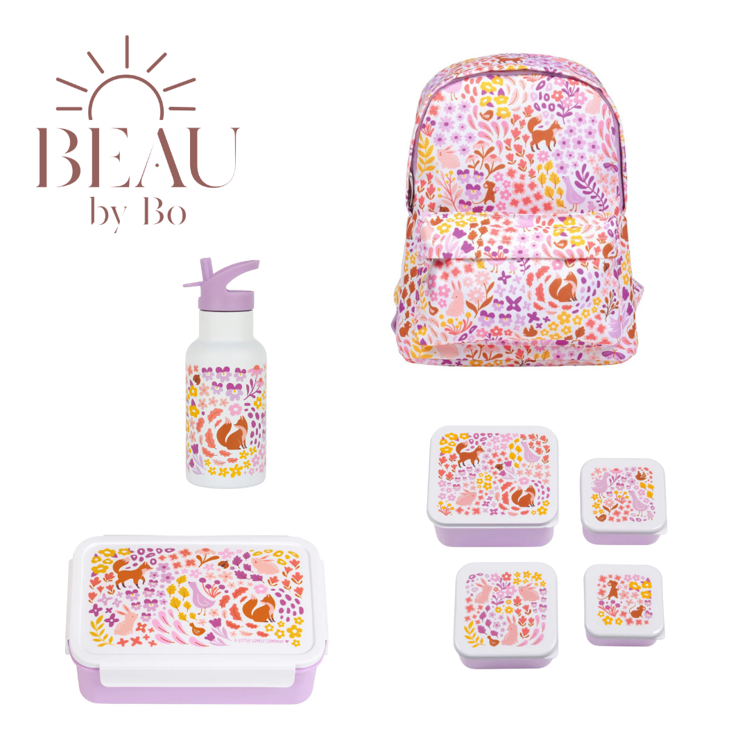 Bundel A Little Lovely Company Back to school set - Rugzak/Drinkfles RVS/4 Snackdozen/Bentobox - Bloementuin