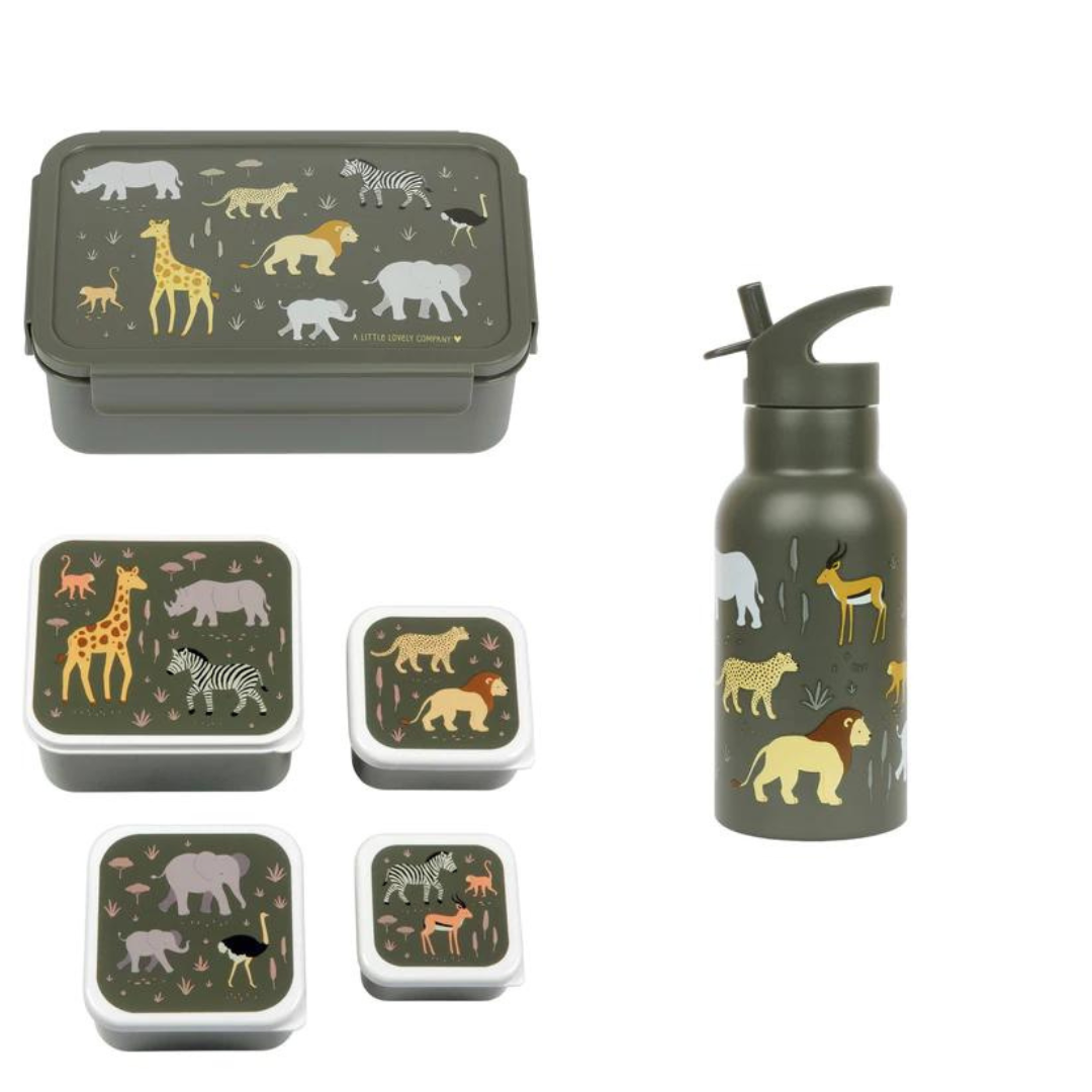 Bundel A Little Lovely Company Back to school set - Drinkfles RVS/4 Snackdozen/Bentobox - Savanne