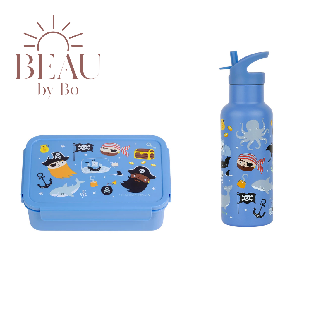 Bundel A Little Lovely Company Back to school set - Drinkfles XL RVS/Bentobox - Piraten