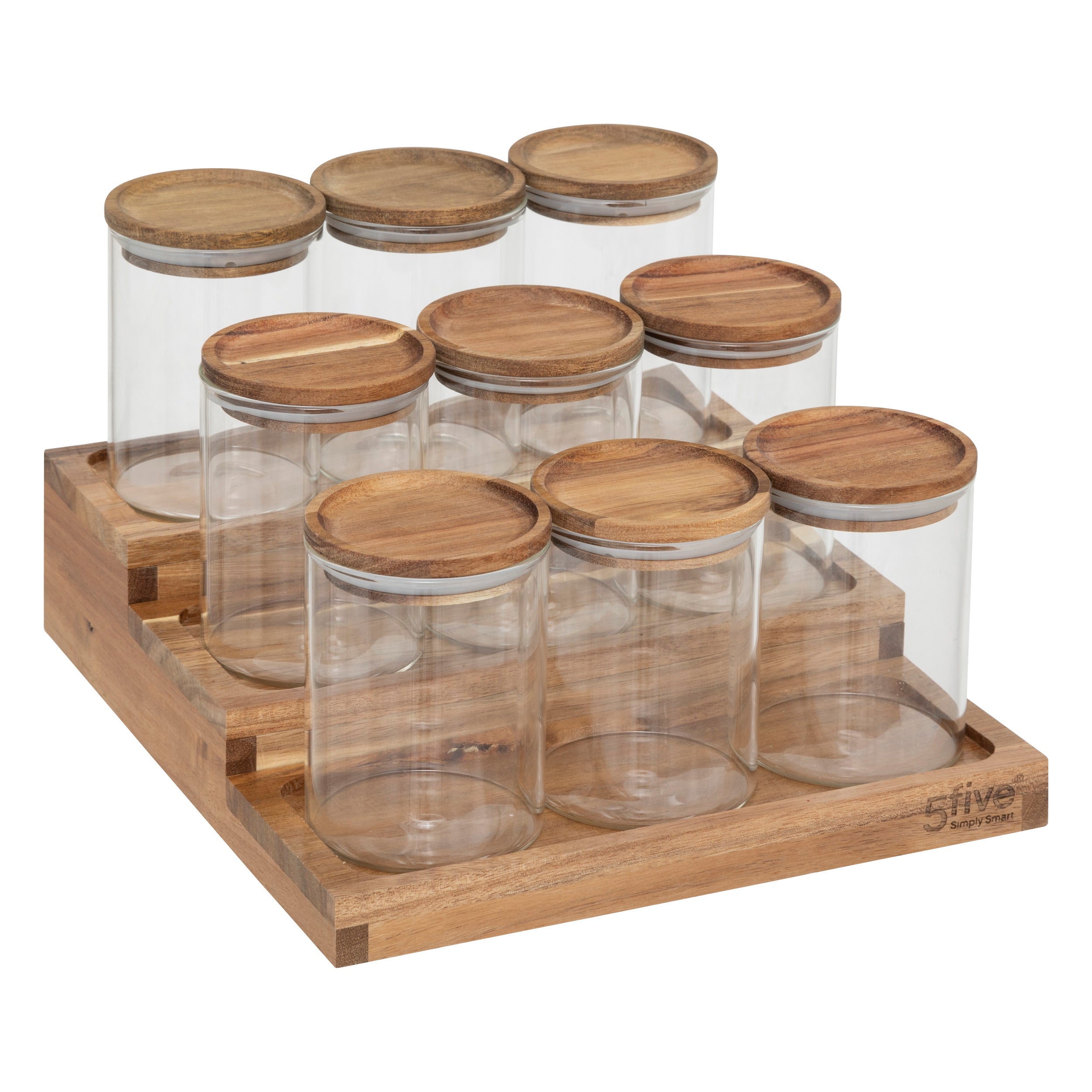 5Five Kruidenrek Harmony bamboe met glas - 9 Acaciapotjes - 160ml - Transparant