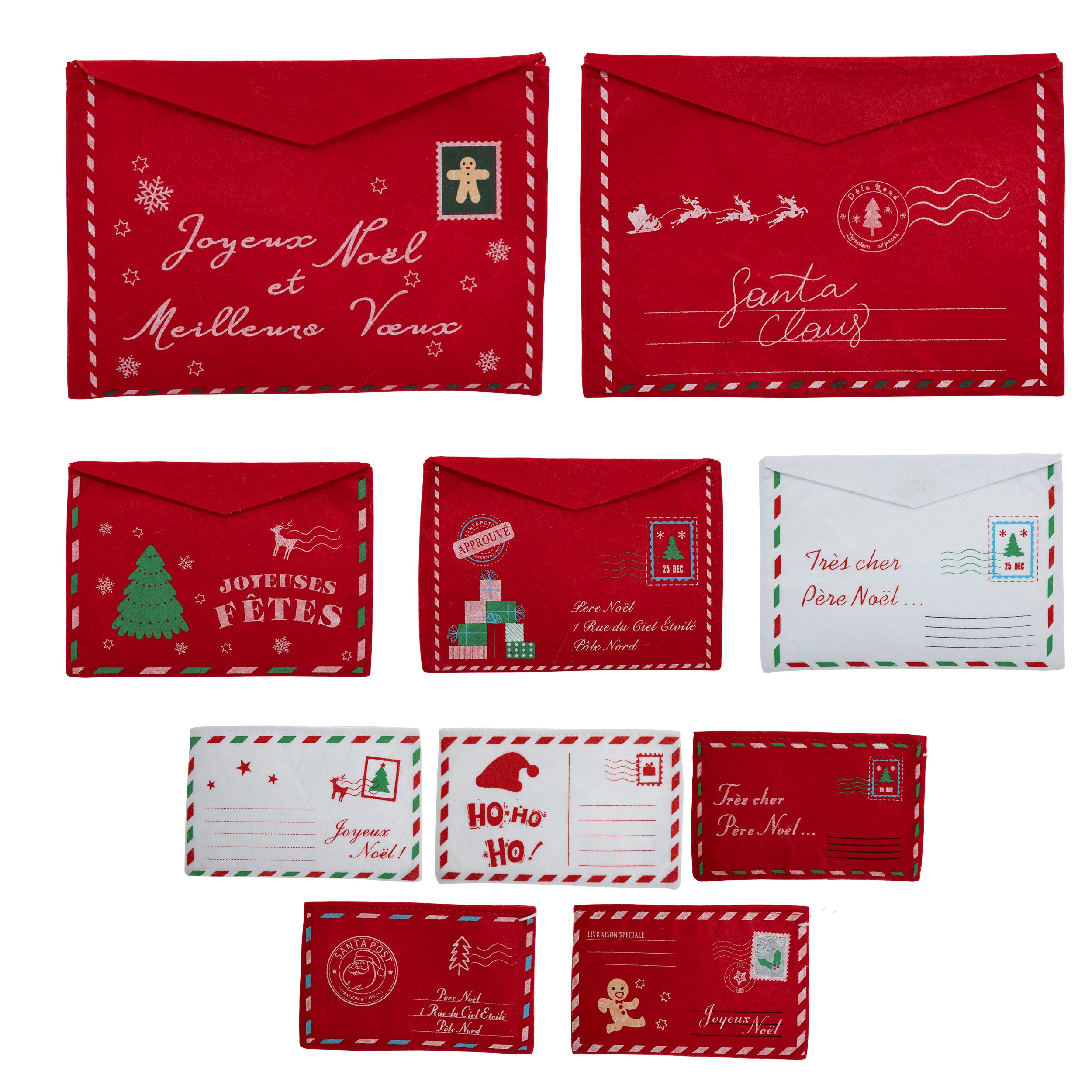 Fééric Lights and Christmas Kerst Cadeauverpakking enveloppe in vilt - Set van 10 stuks - 25cm - Rood/Wit