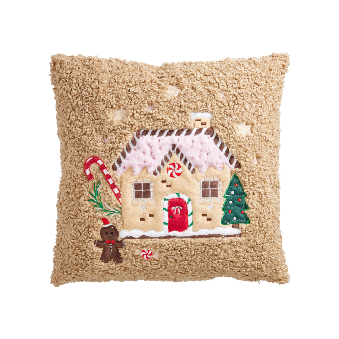 Home & Styling Sierkussen Kerst Teddy Peperkoeken Huisje - 45x45cm - Bruin