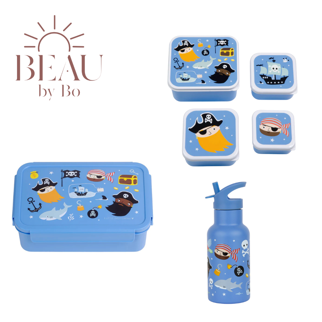 Bundel A Little Lovely Company Back to school set - Drinkfles RVS/4 Snackdozen/Bentobox - Piraten