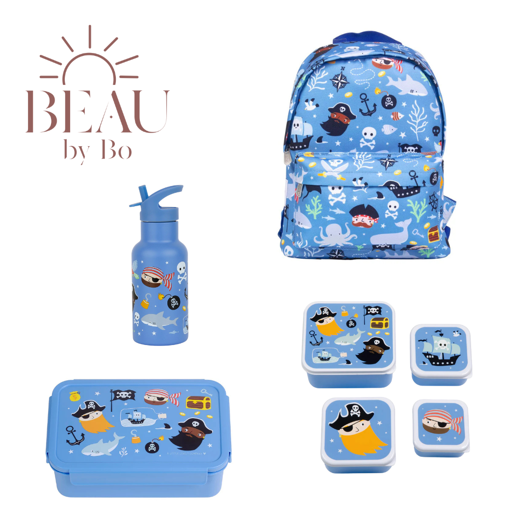 Bundel A Little Lovely Company Back to school set - Rugzak/Drinkfles RVS/4 Snackdozen/Bentobox - Piraten