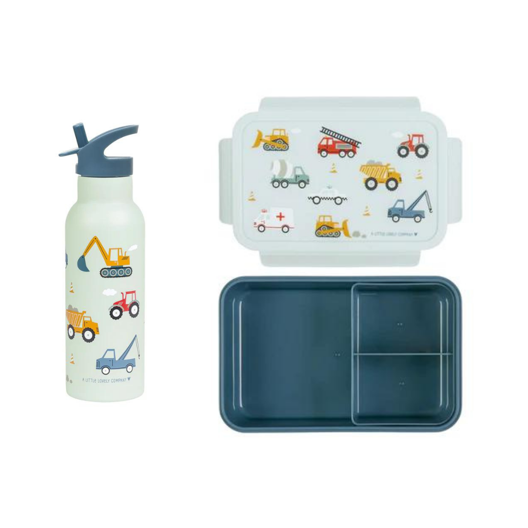 Bundel A Little Lovely Company Back to school set - Drinkfles XL RVS/Bentobox - Voertuigen