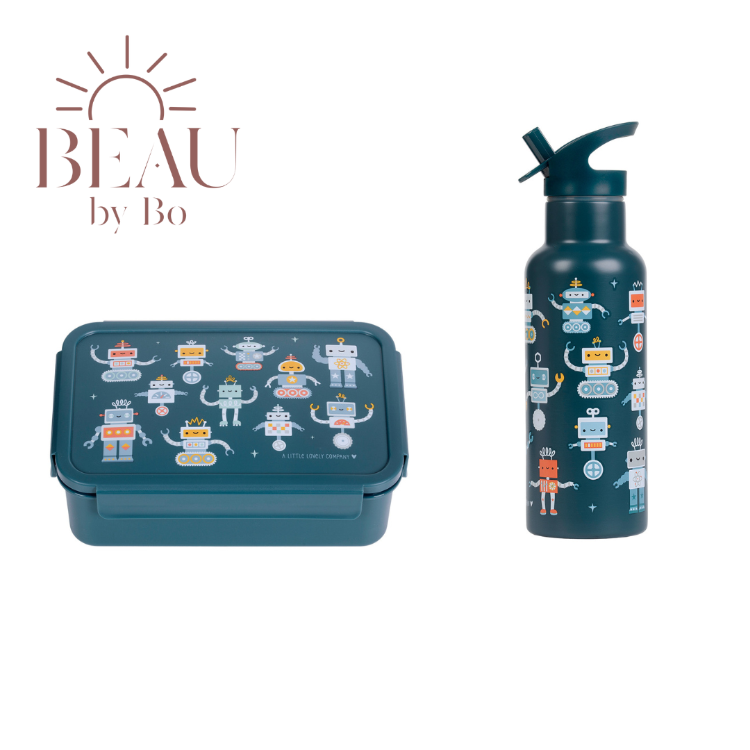 Bundle A Little Lovely Company Back to School-Set – Trinkflasche XL aus Edelstahl/Bento-Box – Roboter