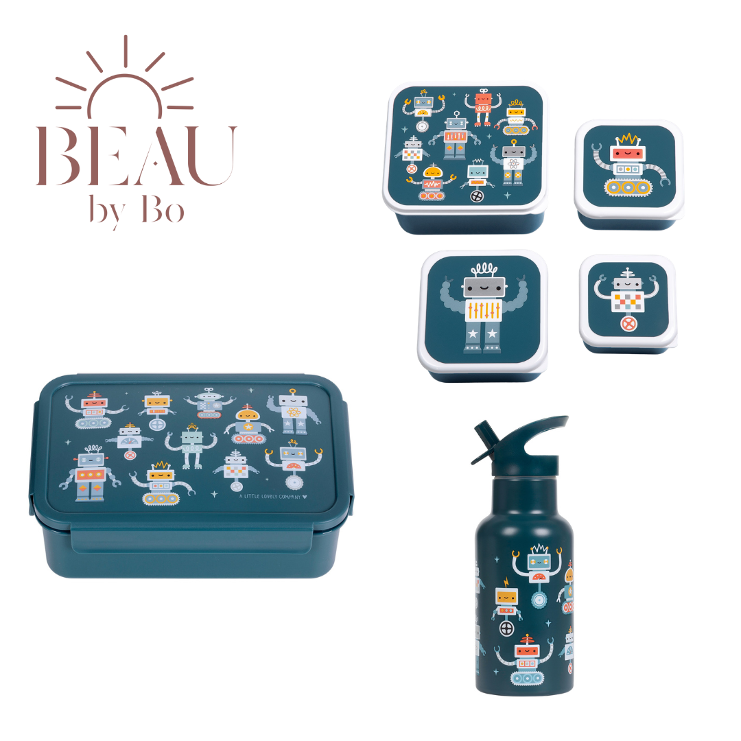 Bundle A Little Lovely Company Back to School-Set – Edelstahl-Trinkflasche/4 Snackboxen/Bento-Box – Roboter