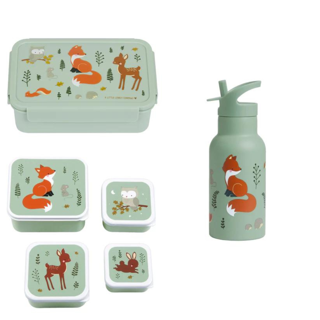 Bundel A Little Lovely Company Back to school set - Drinkfles RVS/4 Snackdozen/Bentobox - Bosvriendjes