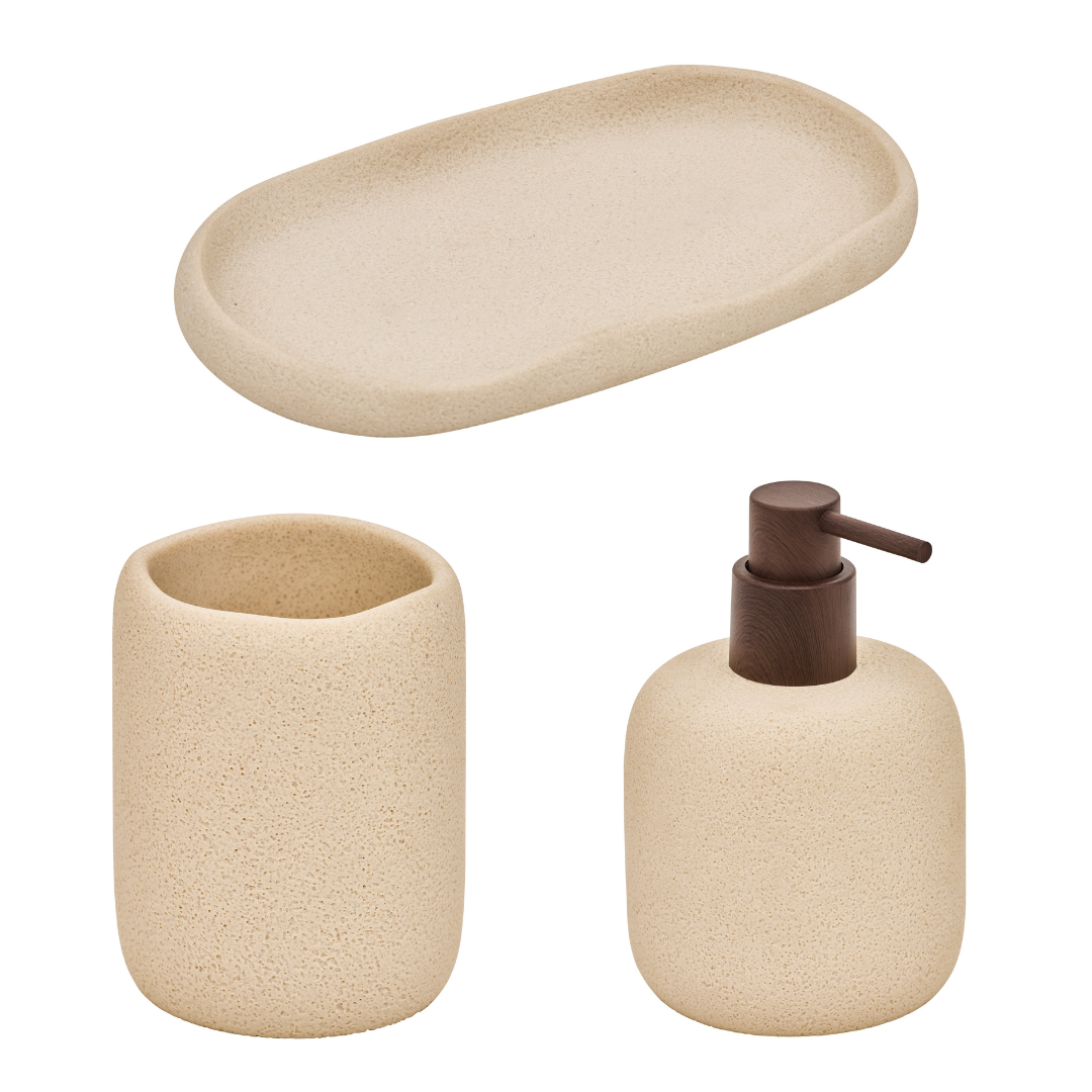 Bundle 5Five Olea Schüssel, Zahnbürstenhalter und Seifenpumpe – Beige