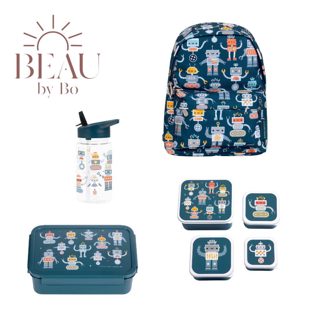 Bundle A Little Lovely Company Back-to-School-Set – Rucksack/Trinkflasche/4 Snackboxen/Bento-Box – Roboter