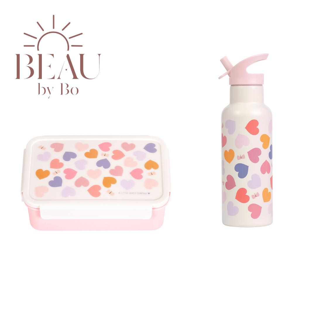 Bundle A Little Lovely Company Back to School-Set – Trinkflasche XL aus Edelstahl/Bento-Box – Herzen