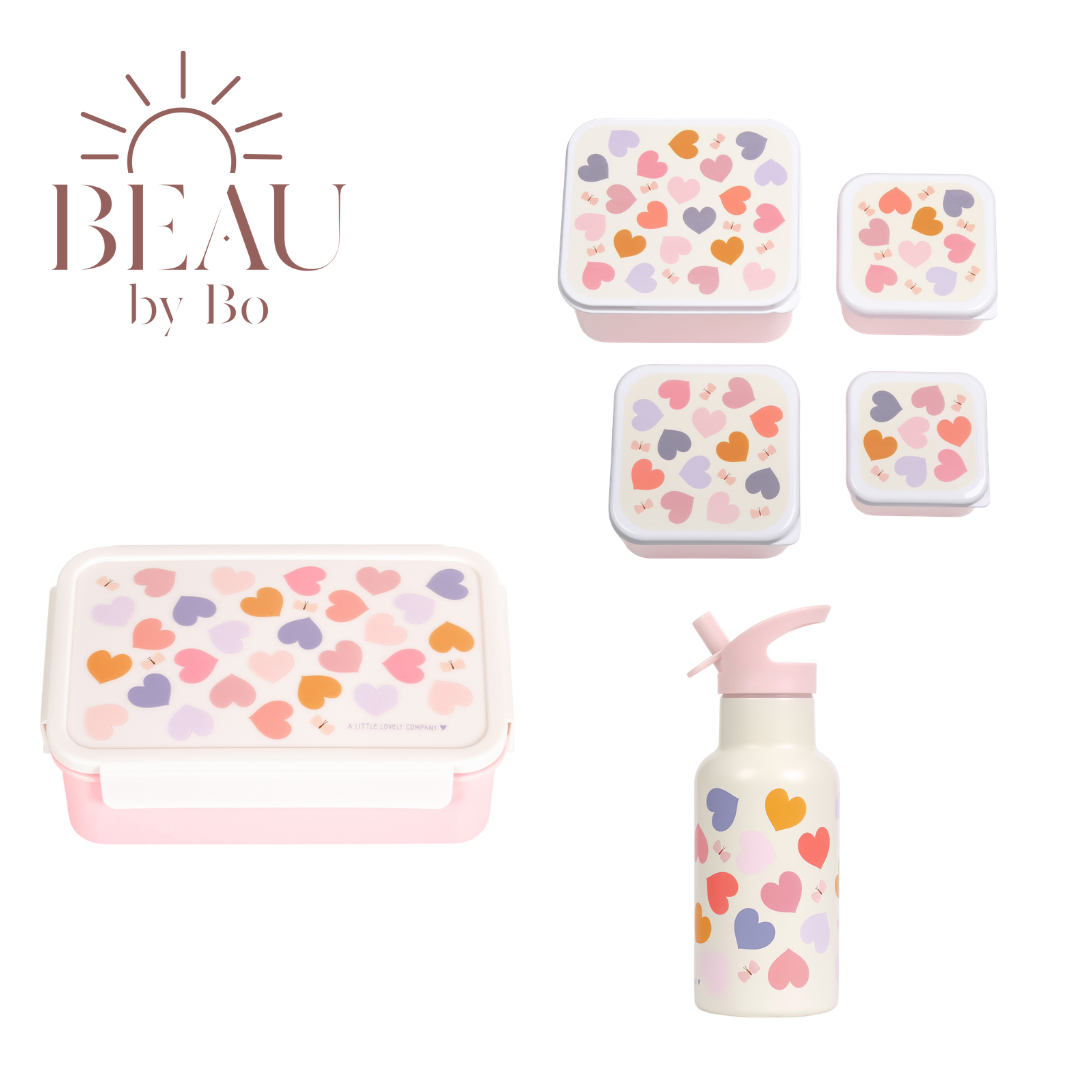 Bundle A Little Lovely Company Back to School-Set – Trinkflasche aus Edelstahl/4 Snackboxen/Bento-Box – Herzen