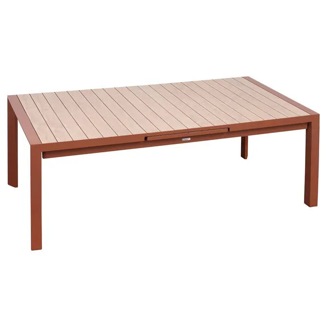 Hespéride automatisch ausziehbarer Tisch Evasion – 214 x 110 x H77 cm – 10 Personen – Aluminium mit Relief in Holzoptik – Leinen-Lorbeer