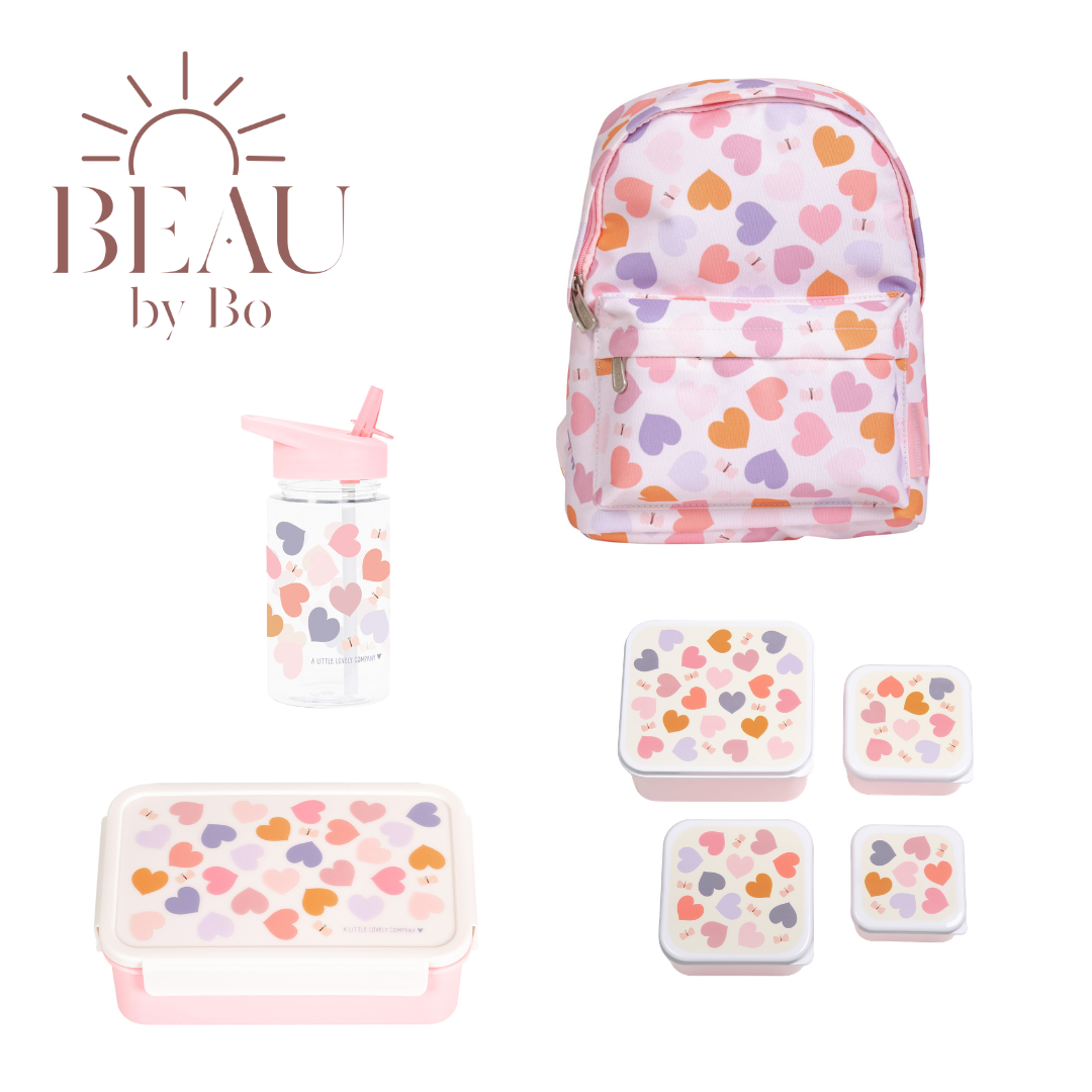 Bundle A Little Lovely Company Back to School-Set – Rucksack/Trinkflasche/4 Snackboxen/Bento-Box – Herzen