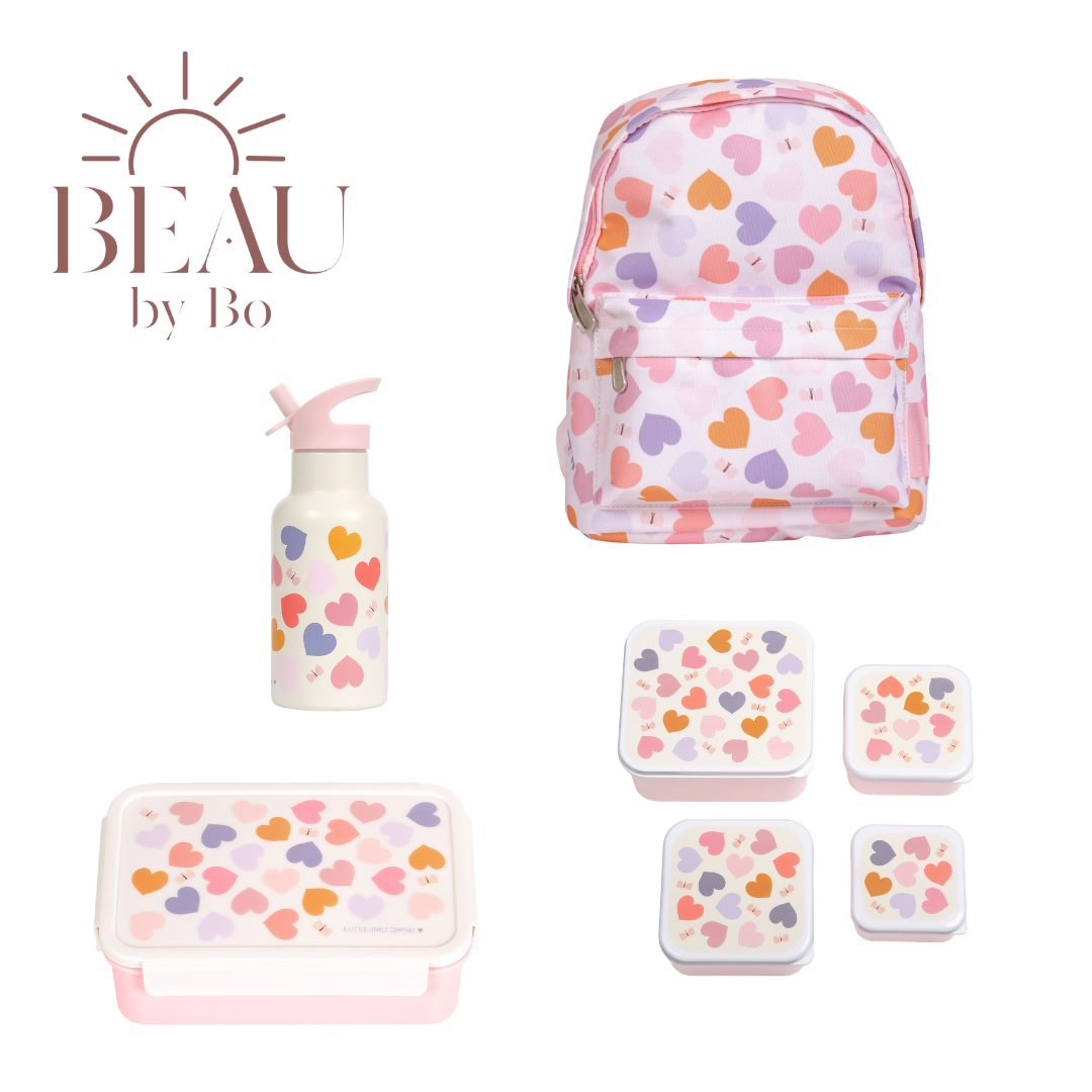 Bundle A Little Lovely Company Back to School-Set – Rucksack/Trinkflasche aus Edelstahl/4 Snackboxen/Bento-Box – Herzen