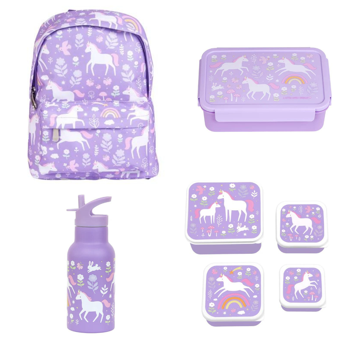 Beau von Bo Ein kleiner schöner Unternehmen zurück in die Schule - Rucksack/Trinkflasche Edelstahl/Snackkisten/Bentobox - Einhornträume