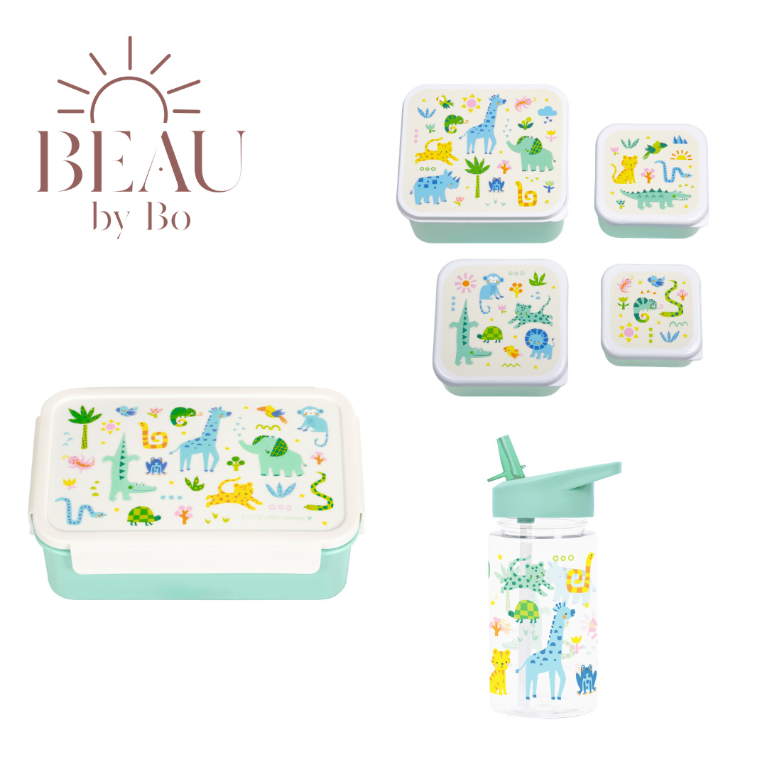 Bundle A Little Lovely Company Back to School-Set – Trinkflasche/4 Snackboxen/Bento-Box – Dschungel