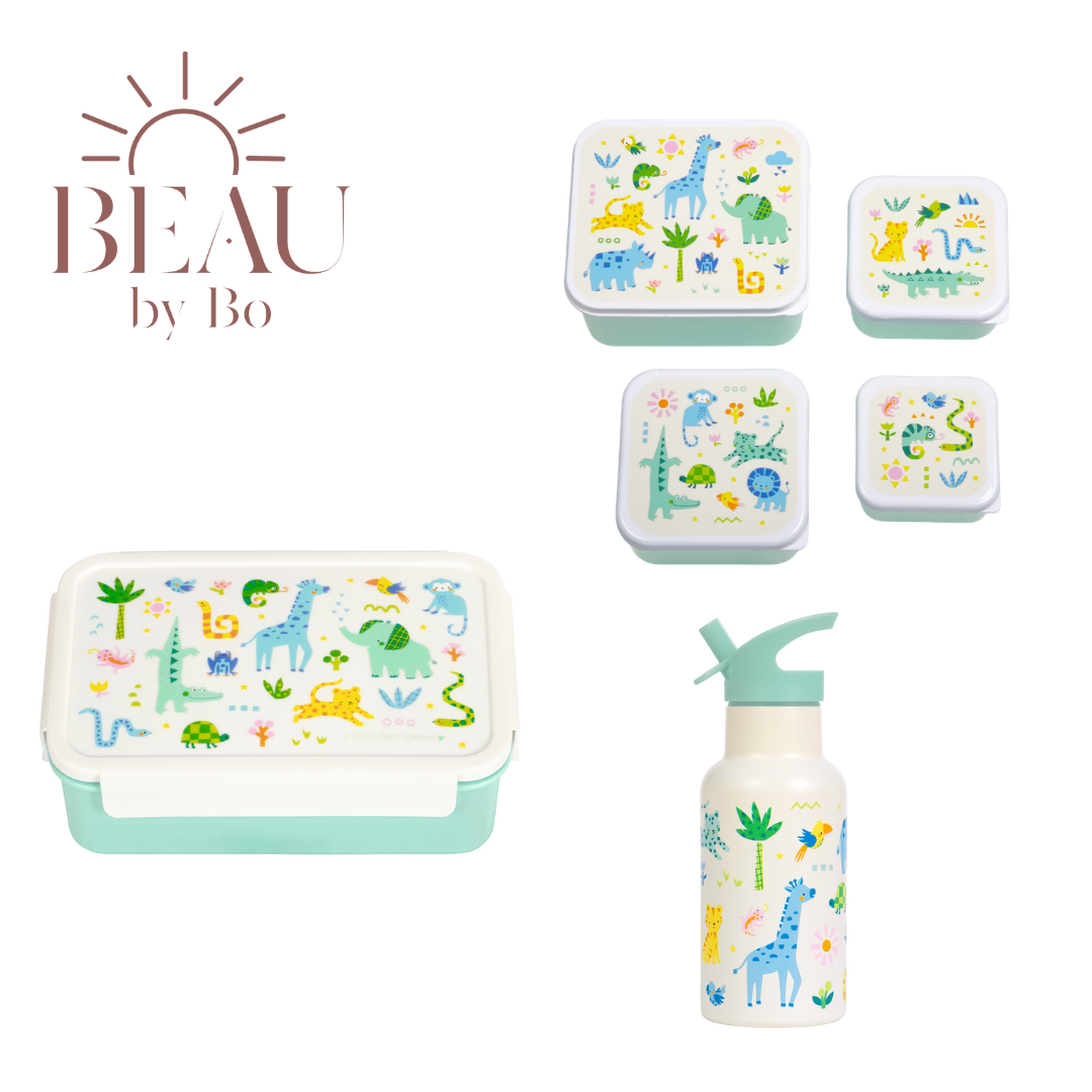 Bundle A Little Lovely Company Back to School-Set – Edelstahl-Trinkflasche/4 Snackboxen/Bento-Box – Dschungel