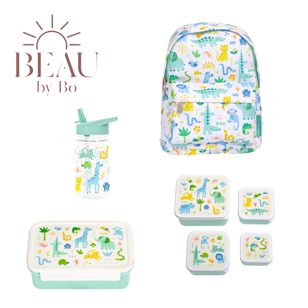 Bundle A Little Lovely Company Back-to-School-Set – Rucksack/Trinkflasche/4 Snackboxen/Bento-Box – Dschungel