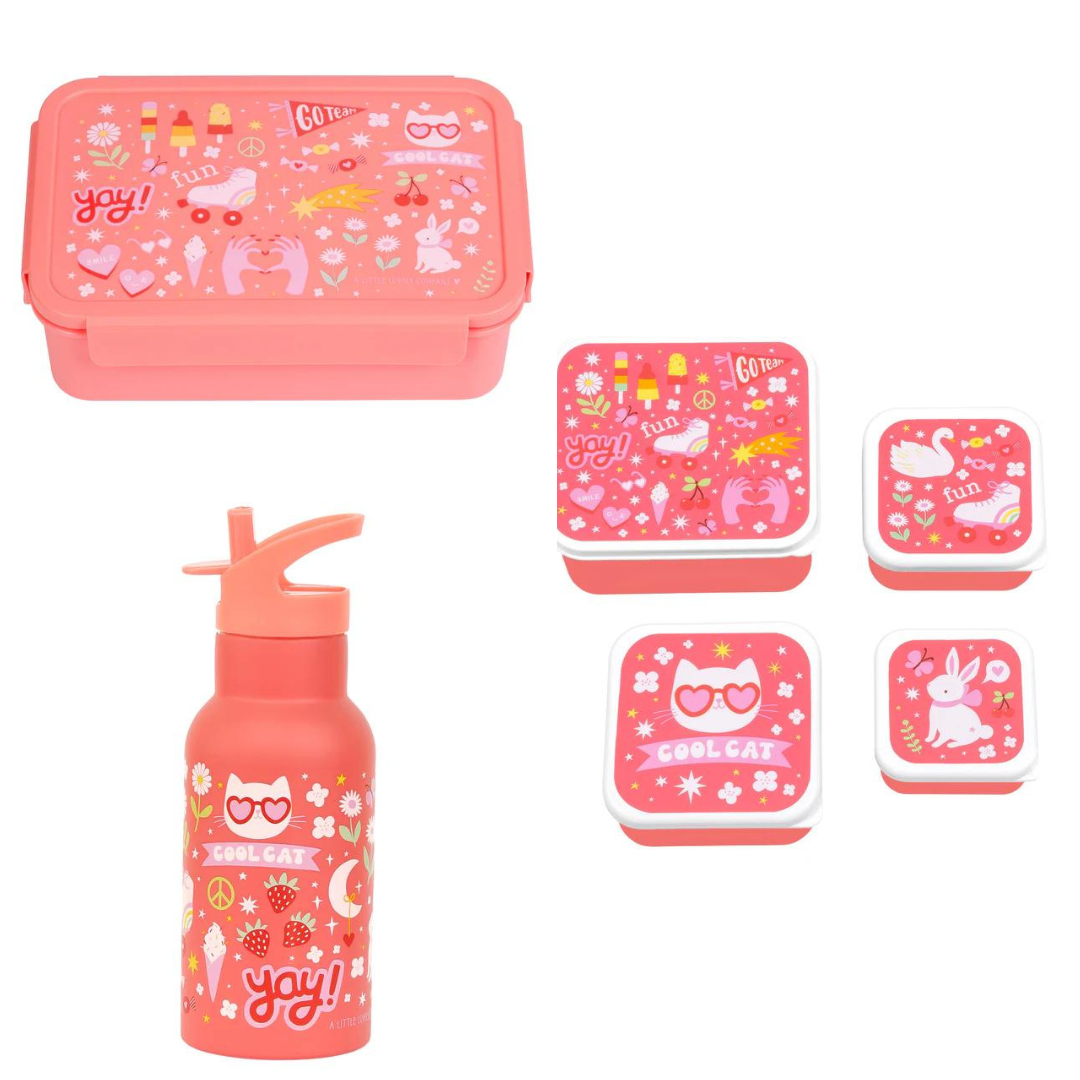 Bundel A Little Lovely Company Back to school set - Drinkfles RVS/4 Snackdozen/Bentobox - Fun