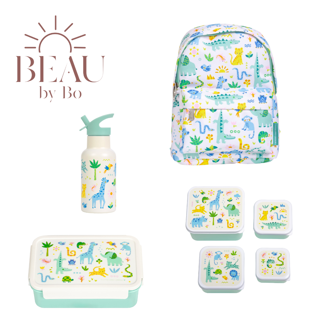 Bundle A Little Lovely Company Back to School-Set – Rucksack/Trinkflasche aus Edelstahl/4 Snackboxen/Bento-Box – Dschungel
