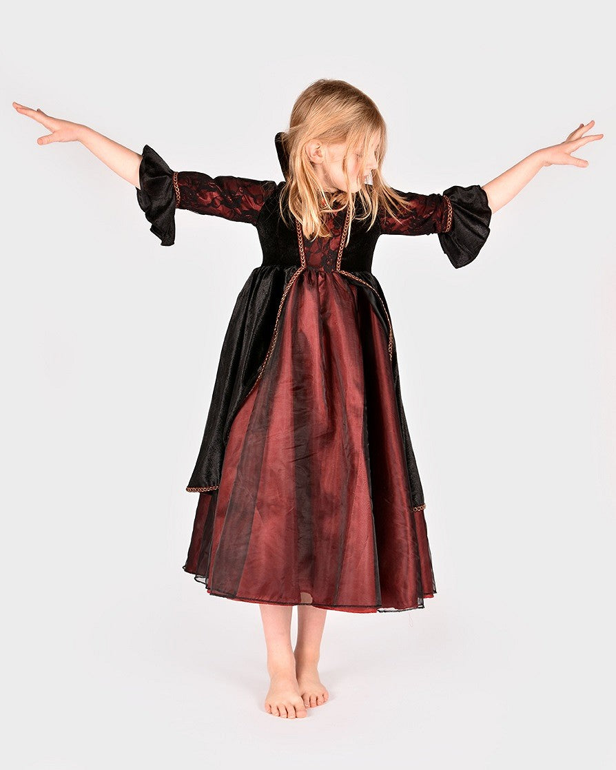 Den Goda Fen Costume Costume Vampire Queen - Velours, robe en mousseline - 110-116cm - 4-6 ans - Rouge/Noir