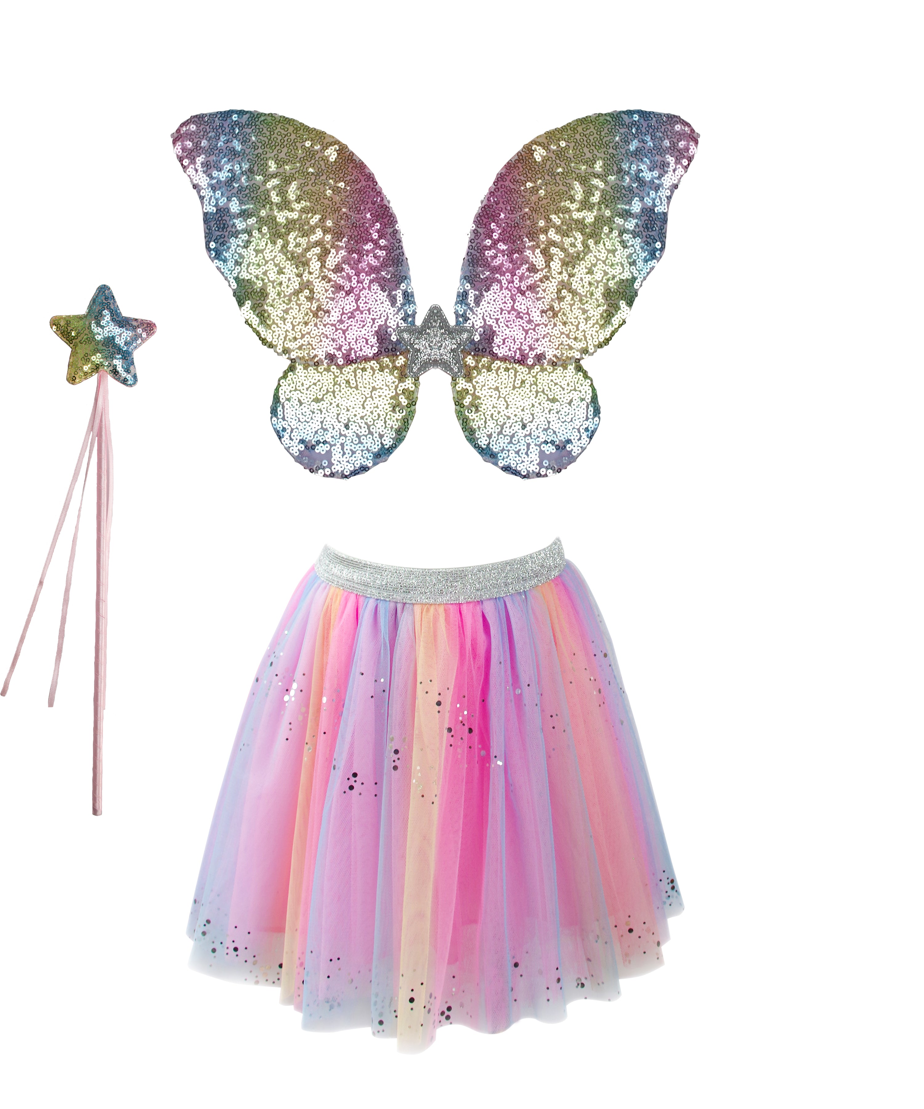 Great Pretenders Verkleedkledij Regenboog sequins rok met vleugels en toverstok - Multi - 4/6 jaar