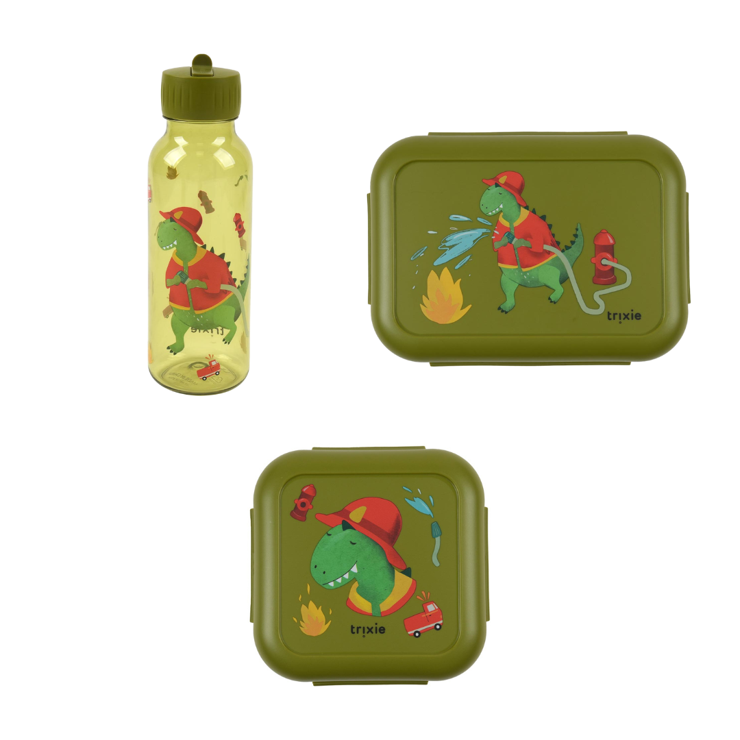 Bundel Trixie Back to School set - Lunchbox/Snackdoos/Drinkfles 500ml - Fireman Mr. Dino