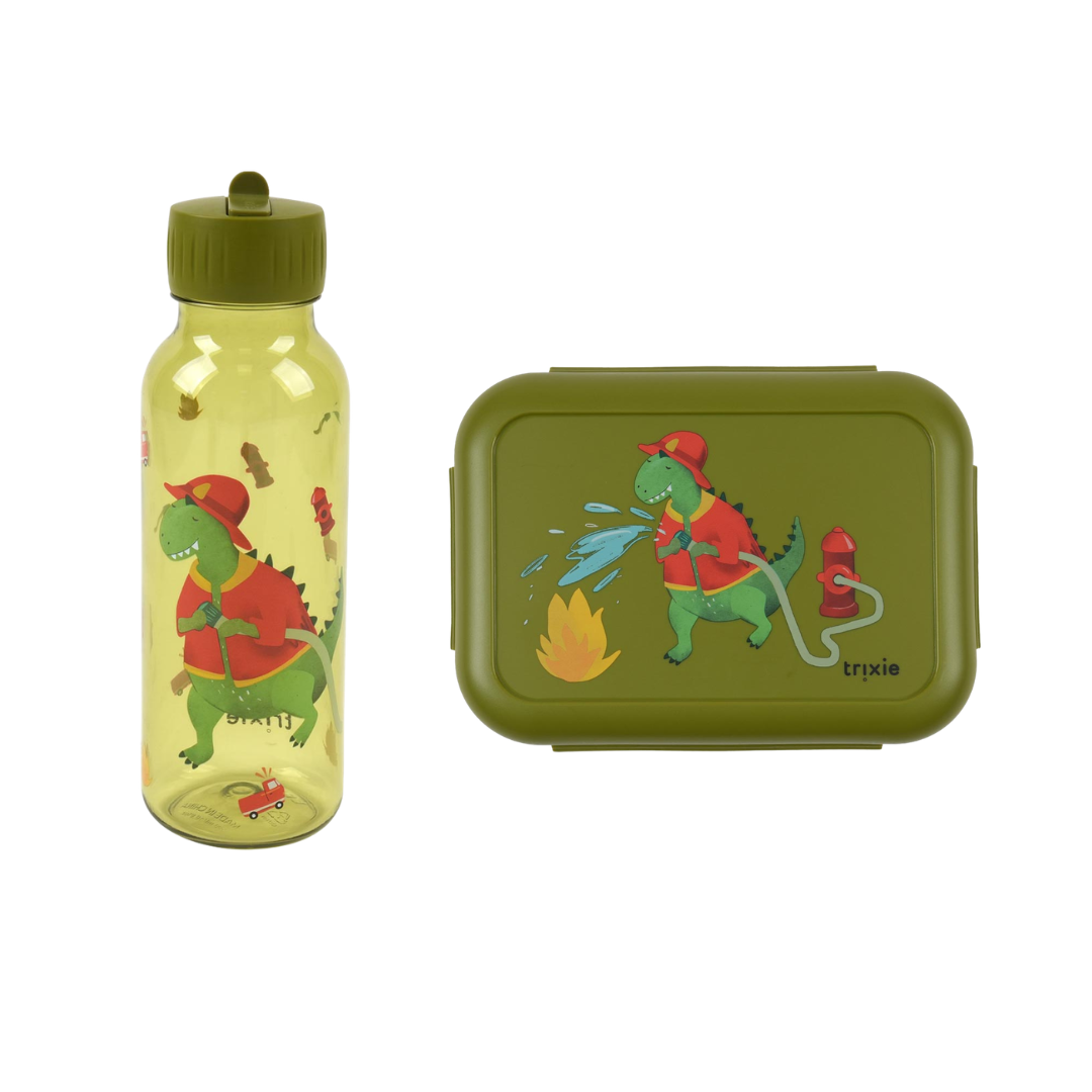 Bundel Trixie Back to School set - Lunchbox/Drinkfles 500ml - Fireman Mr. Dino