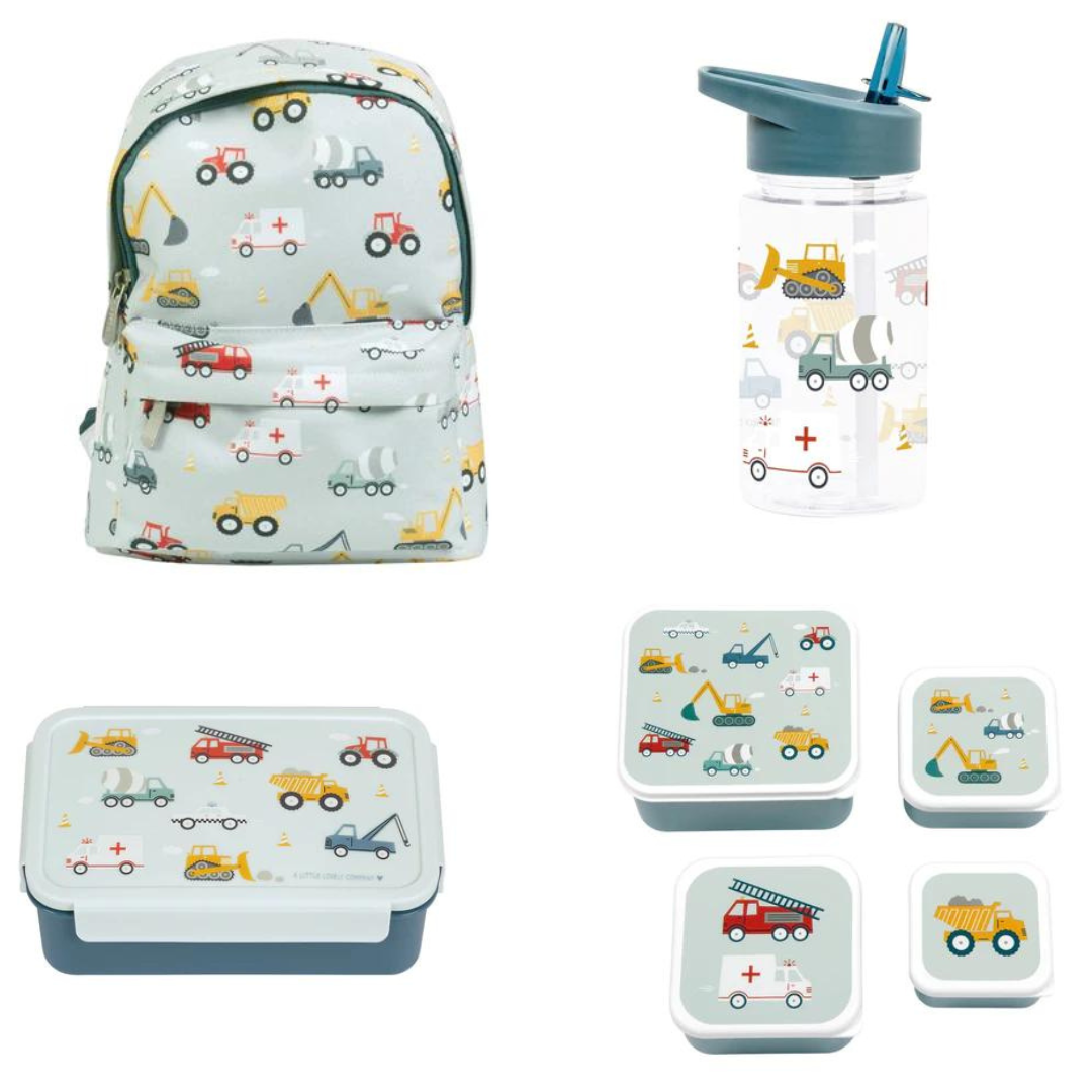 Bundel A Little Lovely Company Back to school set - Rugzak/Drinkfles/4 Snackdozen/Bentobox - Voertuigen