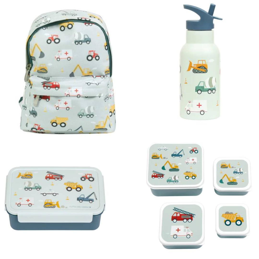 Bundel A Little Lovely Company Back to school set - Rugzak/Drinkfles RVS/4 Snackdozen/Bentobox - Voertuigen