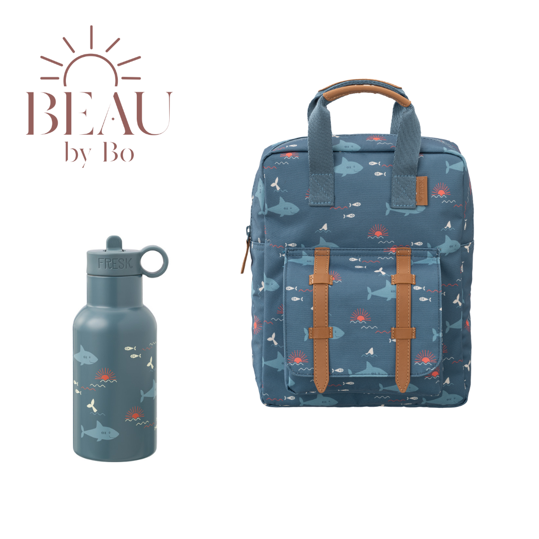 BEAU by Bo Fresk Back to School set - Rugzak + Drinkfles 350ml - Shark