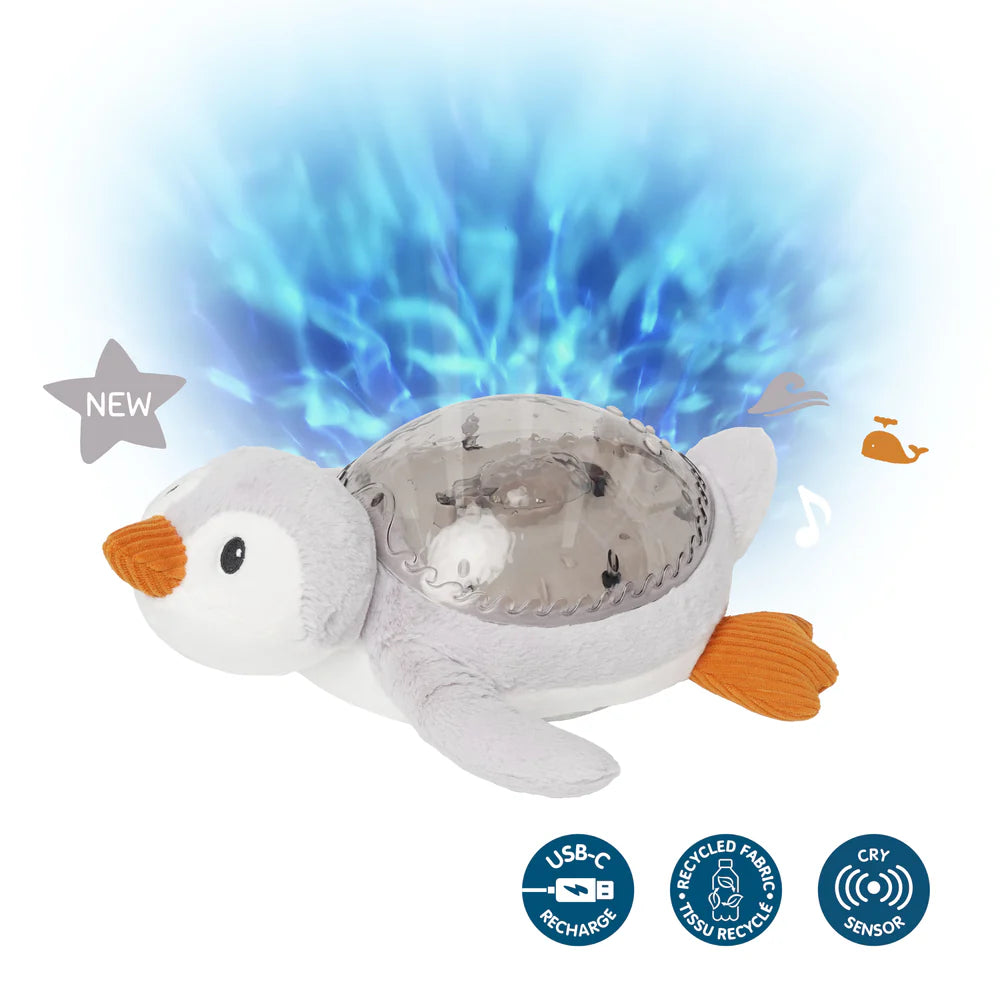 Cloud-B Tranquil Penguin Rustgevende Knuffel met geluiden, projectie - Grijs