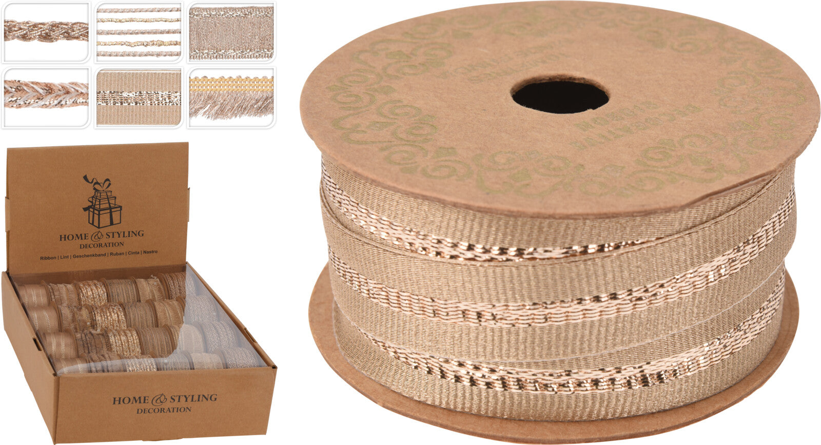 Kerst Lint - Set van 3 stuks - Kerstlint - Cadeauversiering - 3,5x300cm - Roségoud