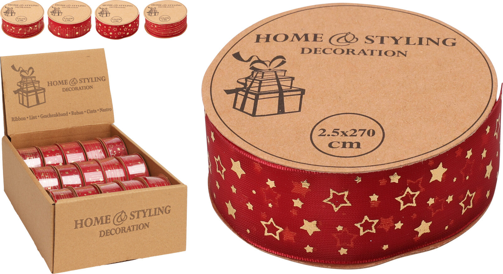 Kerst Lint - Set van 4 stuks - Kerstlint - Cadeauversiering - 2,5x270cm - Rood/Goud