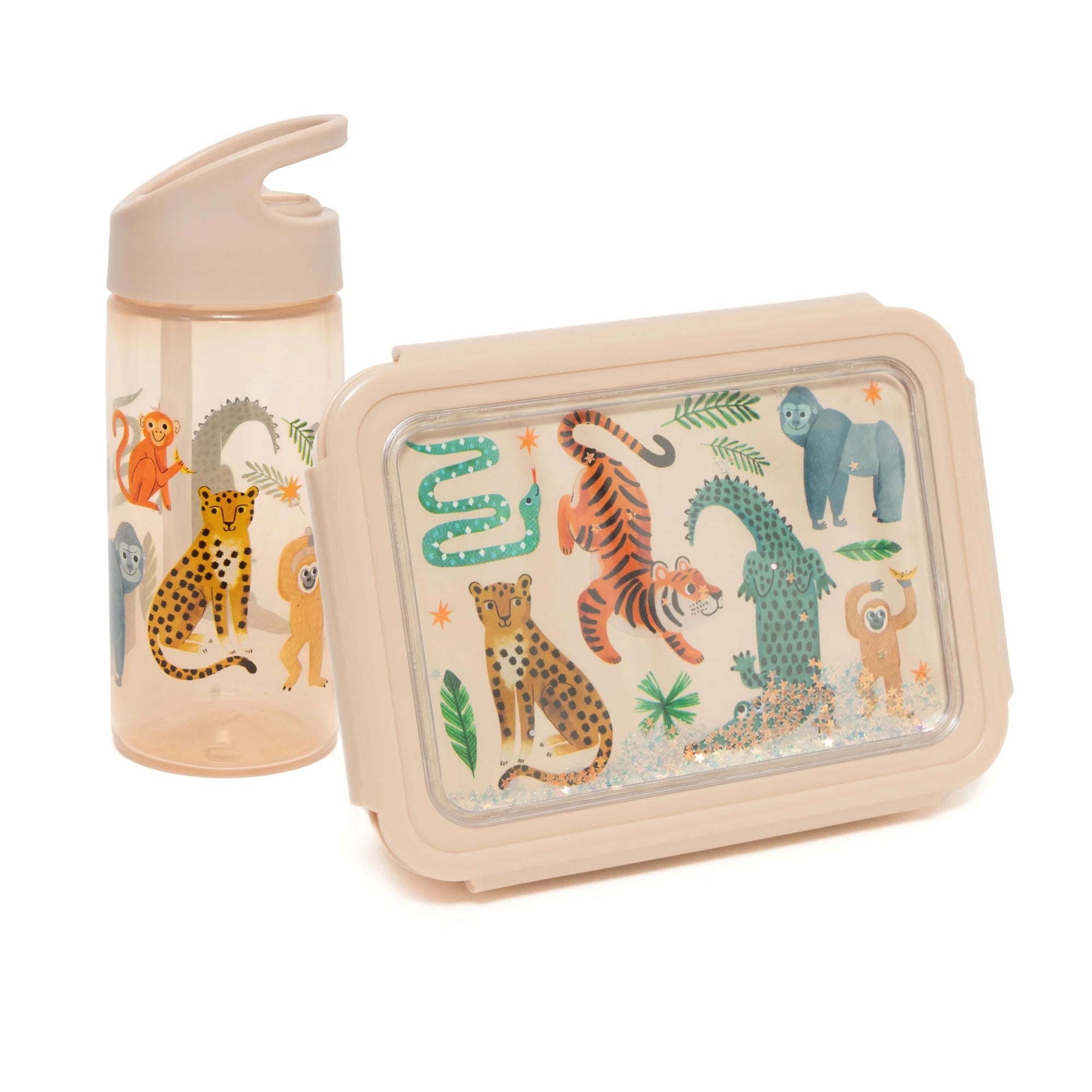BEAU by Bo Petit Monkey Back to School set - Bentobox + Drinkfles Upside Down Animals - Beige