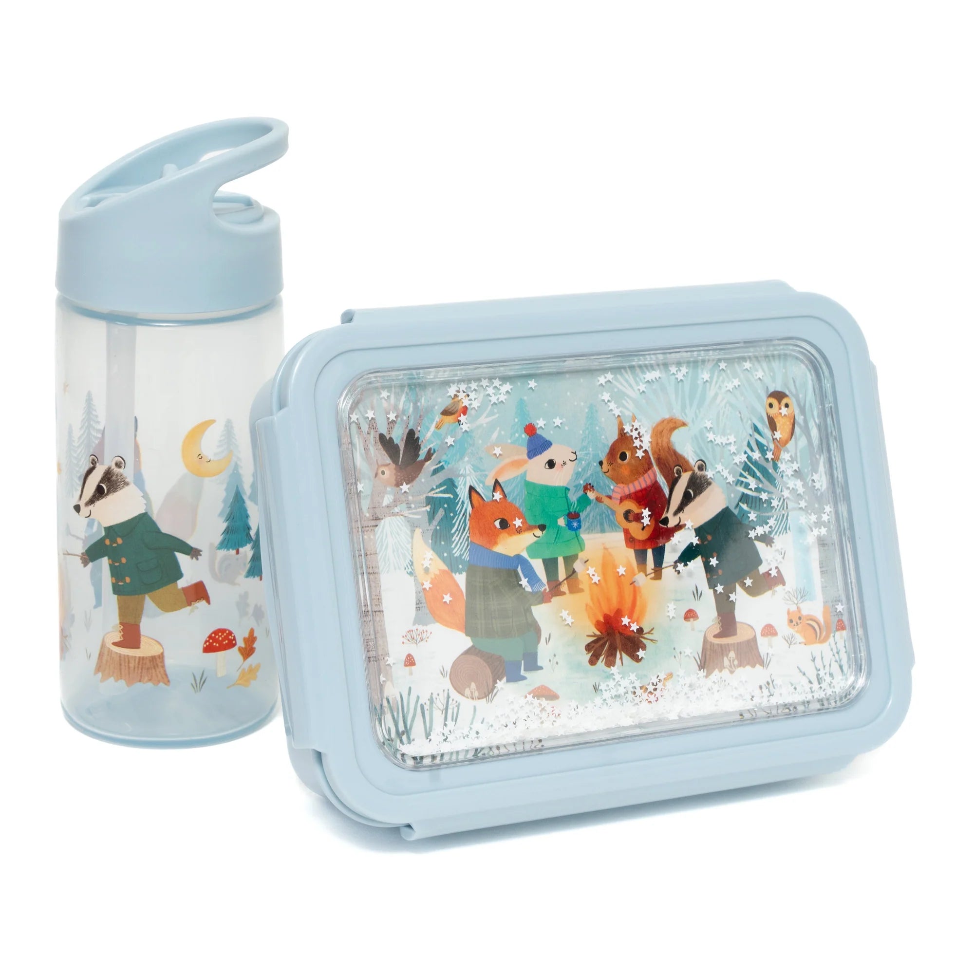 BEAU by Bo Petit Monkey Back to School set - Bentobox + Drinkfles Bonfire Animals - Blauw