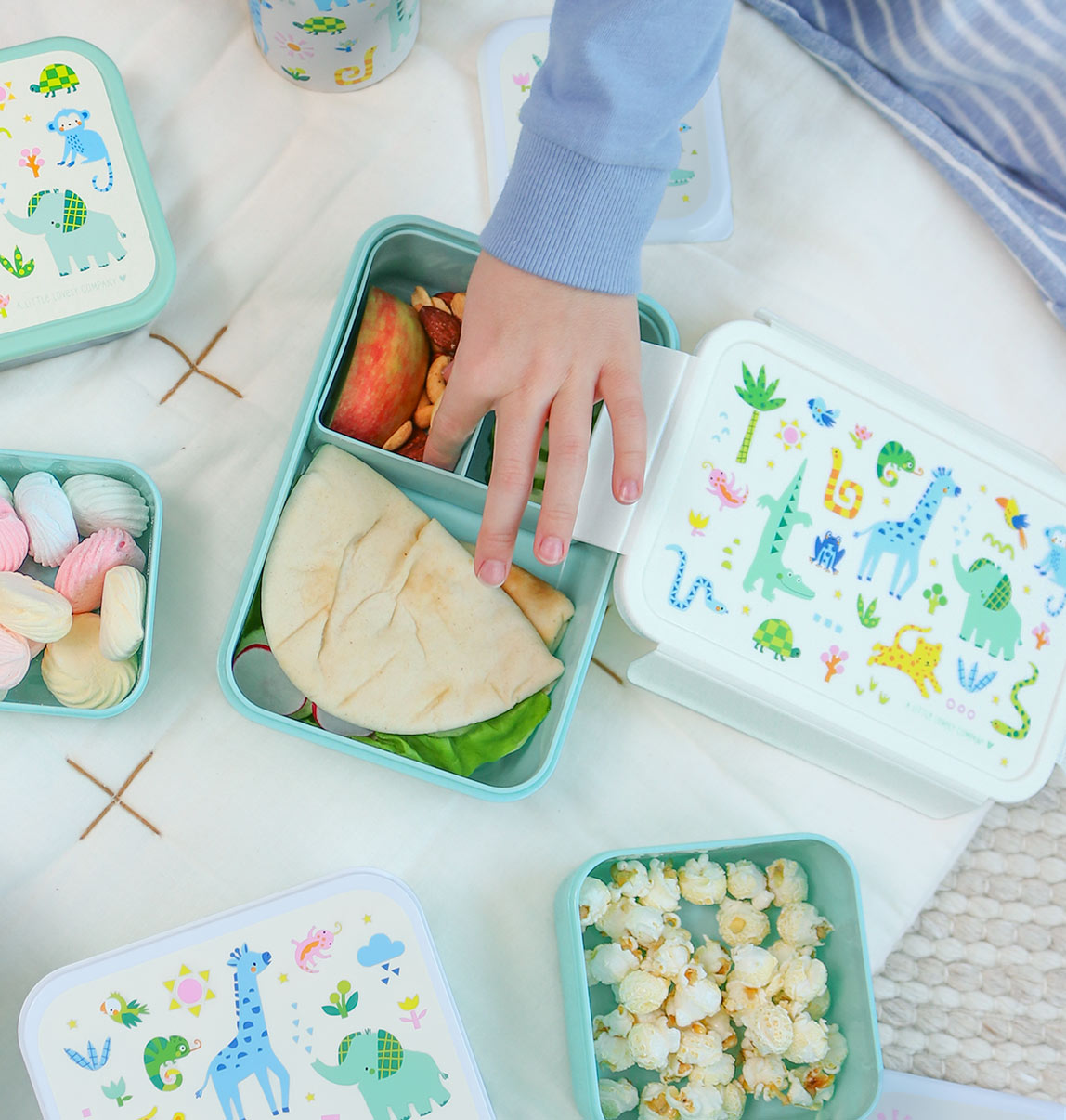 Bundle A Little Lovely Company Back to School-Set – Edelstahl-Trinkflasche/4 Snackboxen/Bento-Box – Dschungel