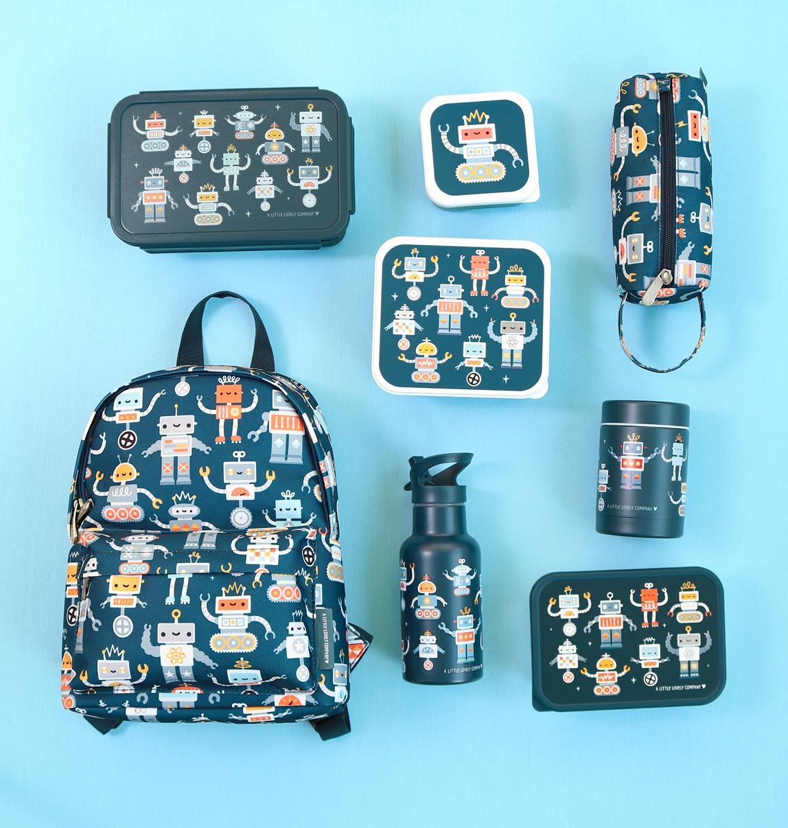Bundel A Little Lovely Company Back to school set - Rugzak/Drinkfles RVS/4 Snackdozen/Bentobox - Robots