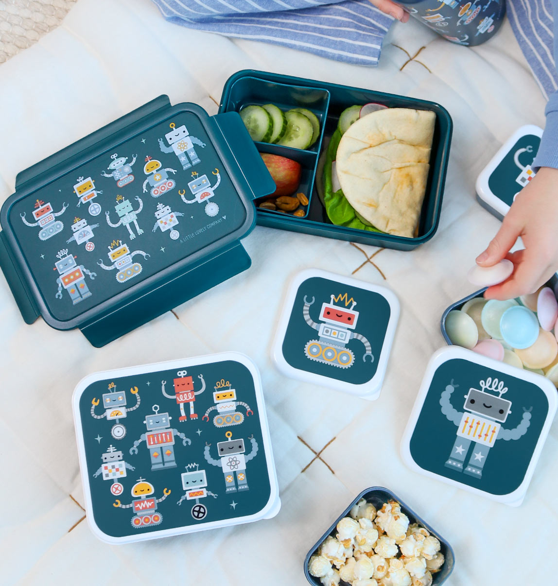 Bundle A Little Lovely Company Back-to-School-Set – Rucksack/Trinkflasche/4 Snackboxen/Bento-Box – Roboter