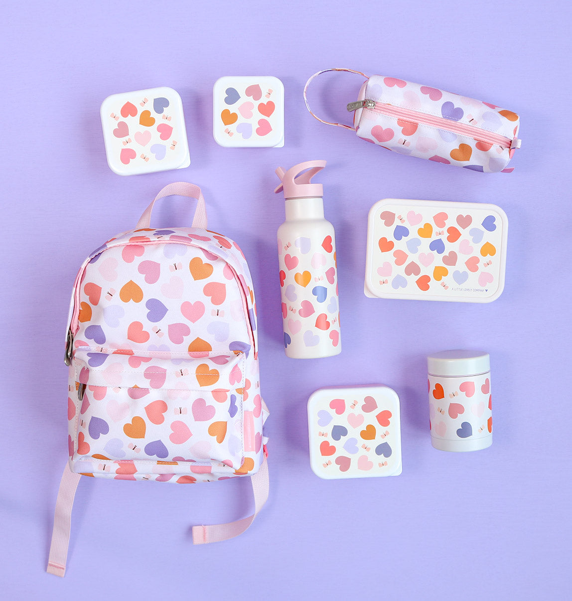 Bundle A Little Lovely Company Back to School-Set – Rucksack/Trinkflasche aus Edelstahl/4 Snackboxen/Bento-Box – Herzen