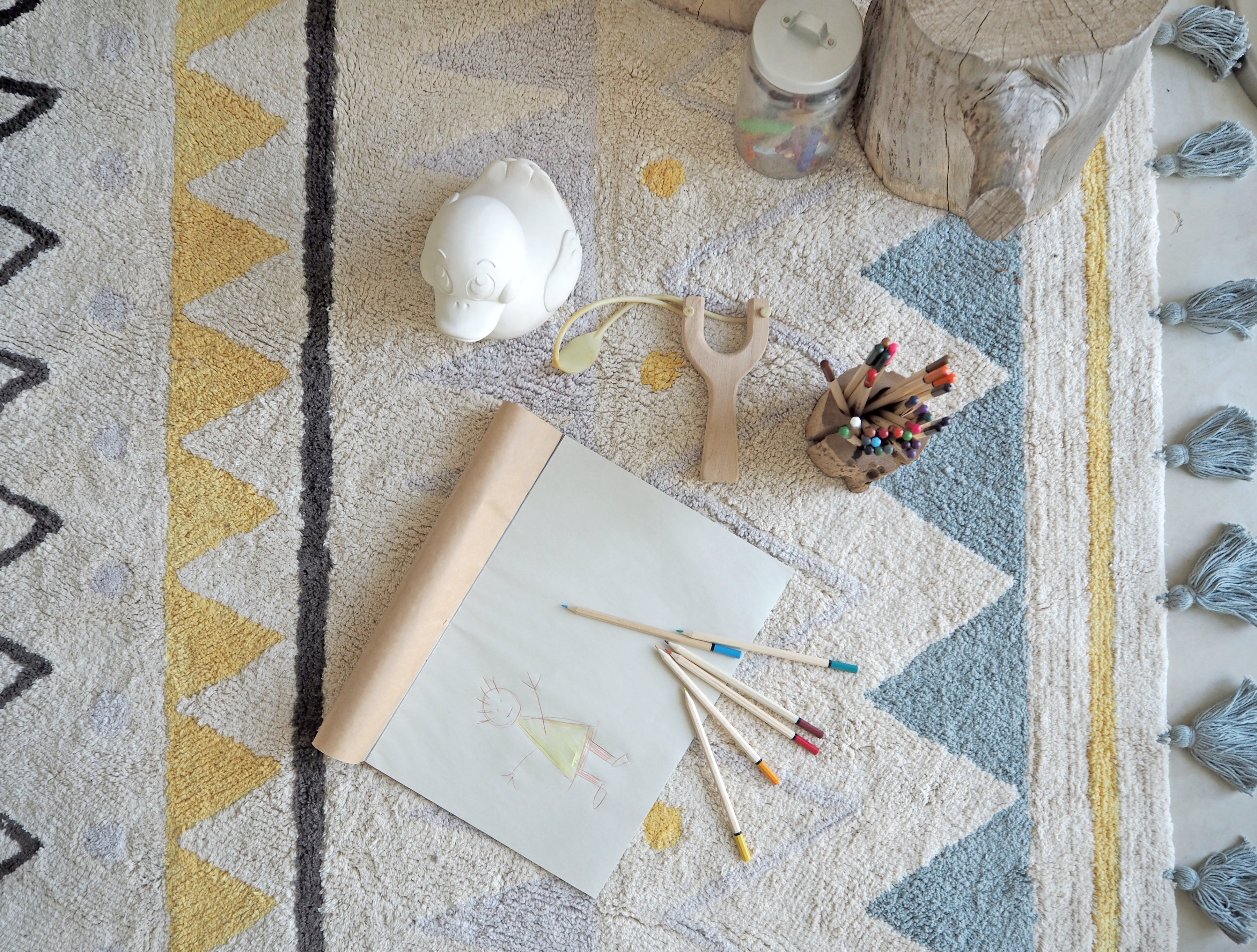 Lorena Canals Washable cotton rug - Azteca Natural Vintage Azul L - 140x200cm