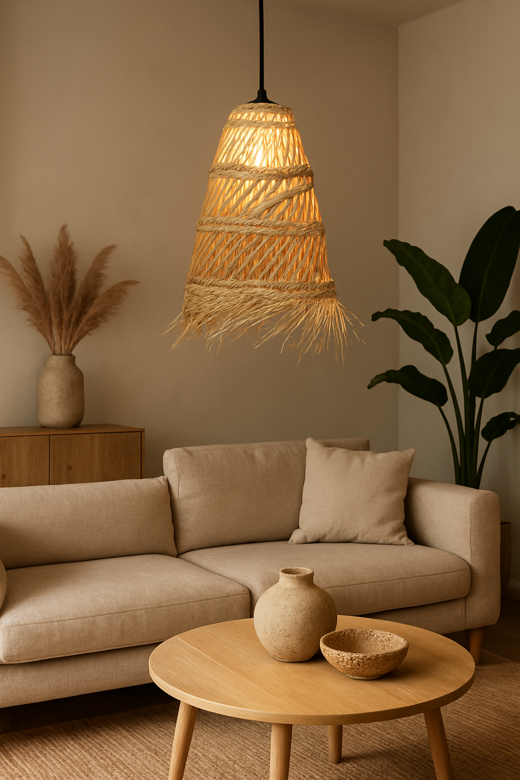 Atmosphera Hanglamp Lahys - E27, niet inbegrepen - Ø28xH48cm - Naturel met zwarte ophanging